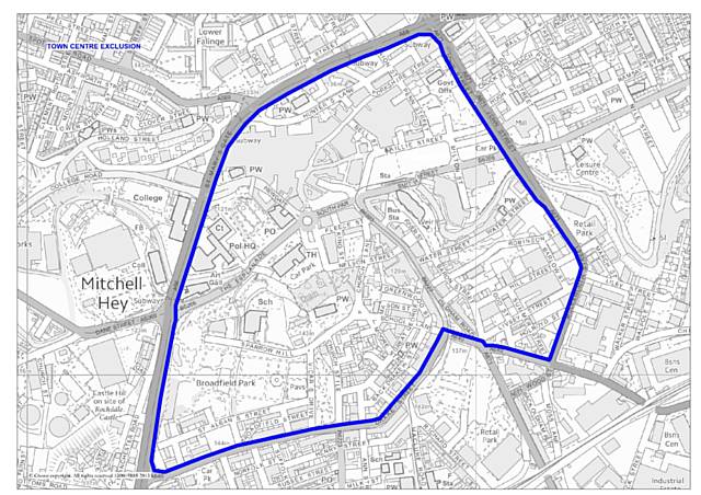 Andrew Mercer exclusion zone map - not to enter Rochdale Town centre area bordered by Drake Street, Milnrow Road, Molesworth Street/John Street, St Mary’s Gate and Manchester Road 
