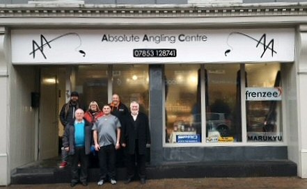 Ant Glascoe, Councillor June West, Gary Leigh, Councillor Peter Joinson and Gary Leigh, Darren Beswick and Councillor Terry Linden outside the Absolute Angling Centre 
