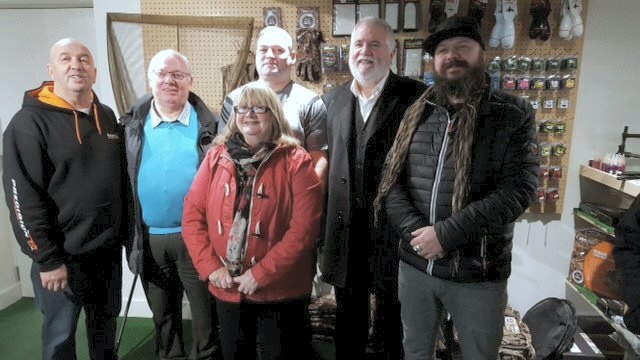 Gary Leigh, Councillor Peter Joinson, Darren Beswick, Councillor Terry Linden, Ant Glascoe, Councillor June West inside the Absolute Angling Centre