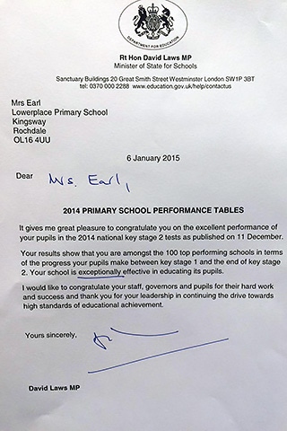 The letter David Laws, the Minister of State for Schools, wrote to Lowerplace Primary School