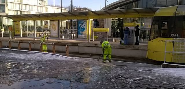 Council staff have been out in force in Rochdale town centre clearing snow and ice and gritting pavements