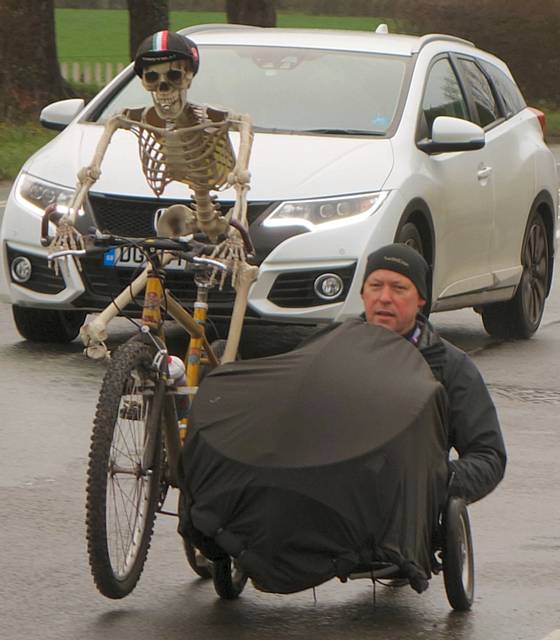 Jonny Decamps won the fancy dress event with a bike and sidecar with his skeletal friend