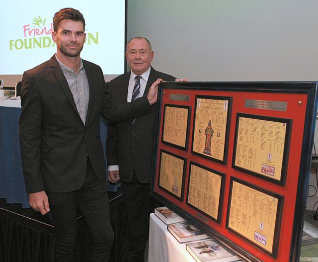 James Anderson presented with the board made by Neville Greenhalgh of Rochdale