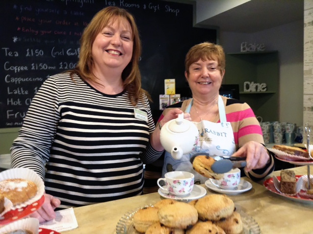 Sarah Ford from Springhill Hospice with Linda Chadwick at the Tea Rooms