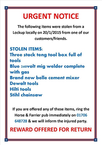 Reward offered for return of stolen tools