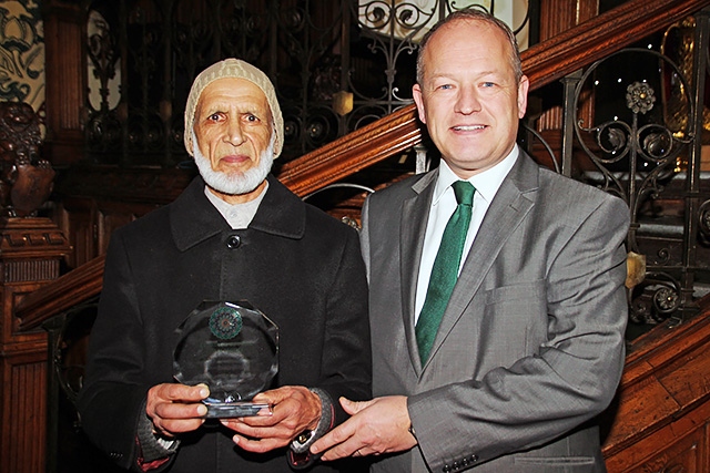 Rochdale Council of Mosques annual dinner<br />Mohammed Iqbal with Simon-Danczuk after collecting his award for voluntary services to the bereaved