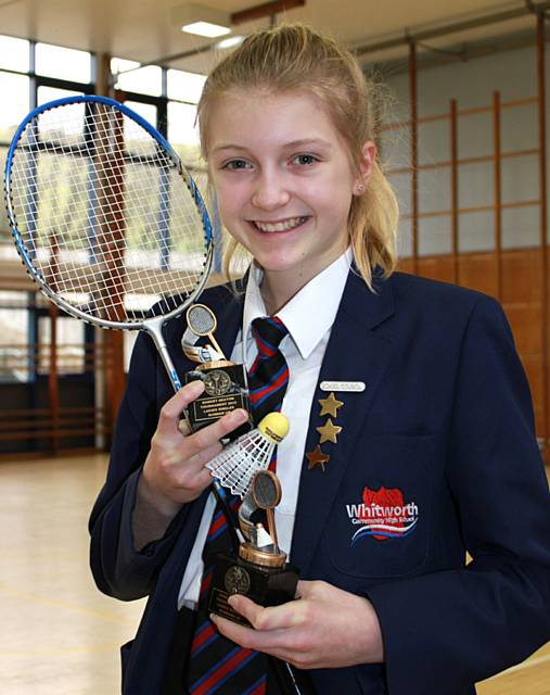 Alex Lord from Whitworth High School with her two trophies for coming runner-up in the ladies singles and doubles at the Robert Heaton Badminton Tournament