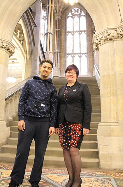 Bastien Hery and Councillor Janet Emsley by the Grand Staircase in Rochdale Town Hall