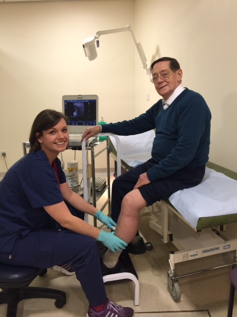 Hannah Buggey, Clinical vascular scientist from the Independent Vascular Service (IVS), and patient Bernard Kelly receiving treatment at Rochdale Infirmary. 