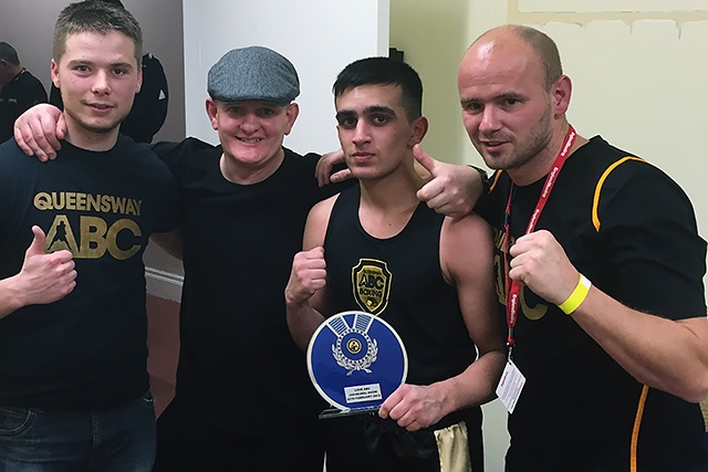 Danny Khan with Queensway ABC colleagues after his win at Riverside Whitworth Civic Hall