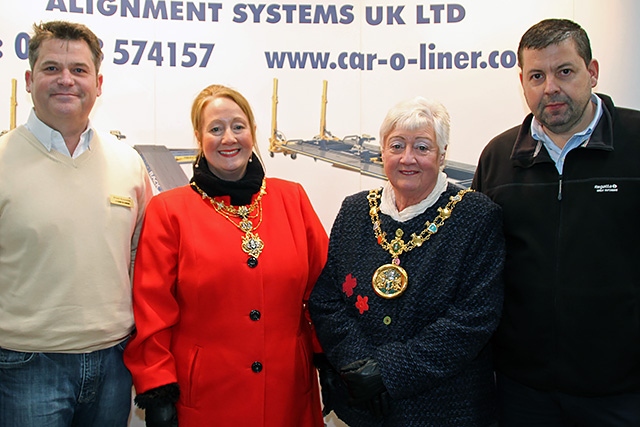Stuart Alexander, Mayoress Beverley Place, Mayor Carol Wardle and Michael Douglas from Car-O-Liner UK at the Rochdale Skills Event