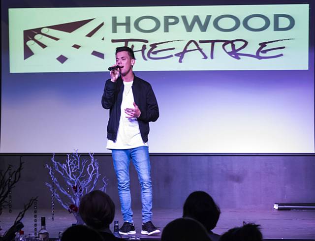 Former Hopwood Hall College student and X Factor contestant Danny Dearden gives a talk to guests and students during the launch of the new Hopwood Theatre