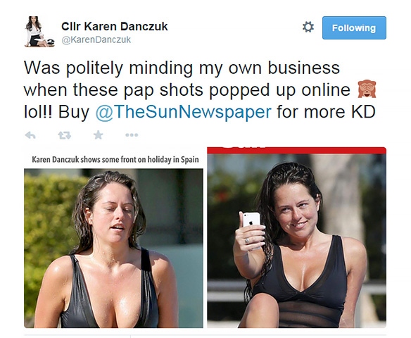 Screen shot of Karen Danczuk Twitter post - encouraging to buy The Sun newspaper