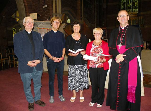 Bible Marathon at St Andrew's, Dearnley with Rev Michael Howarth, curate; Rev Canon Sharon Jones, priest in charge; Janice Halstead, Ada Pratt and Bishop Mark