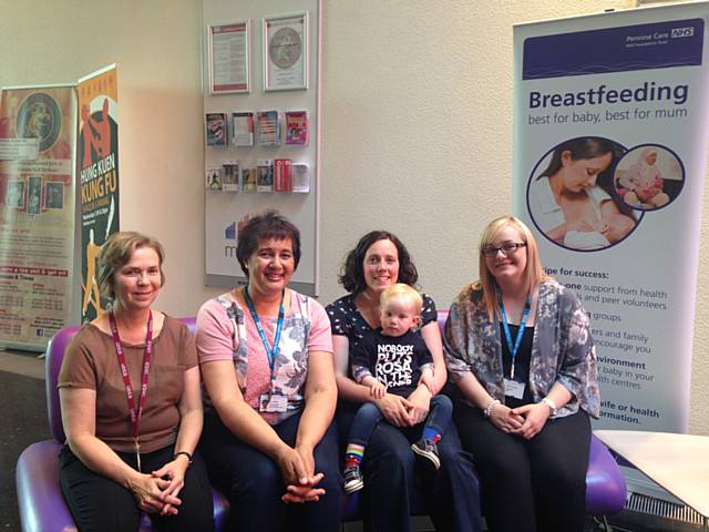 L-R Shirley Waller, Health Interventions Manager at Link4Life, Val Rimmer, Infant Feeding Co-ordinator for Rochdale at Pennine Care, Sarah Manning, Peer Support Volunteer with daughter Rosa (20 months) and Danielle Jackson, Middleton Health Visitor with Pennine Care