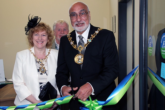 Mayor of Rochdale, Surinder Biant, and Mayoress Cecile Biant officially opening the new Shopmobility premises