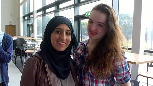 Madihah Ashra and Hannah Sastawnyuk, Falinge Park GCSE results day