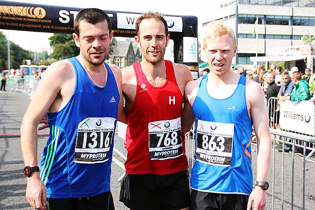 Dave Norman (3rd), Dave Archer (1st) and Nathan Kilcourse (2nd) in the Rochdale Half Marathon