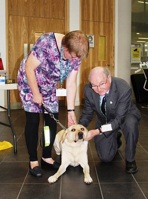 Councillor Billy Sheerin, Assistant Cabinet Member for Adult Care, meets Bengie the guide dog with owner Trudi Garner