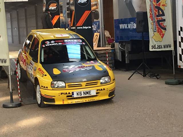 Steve Brown takes to the podium in his Nissan Micra Kit Car