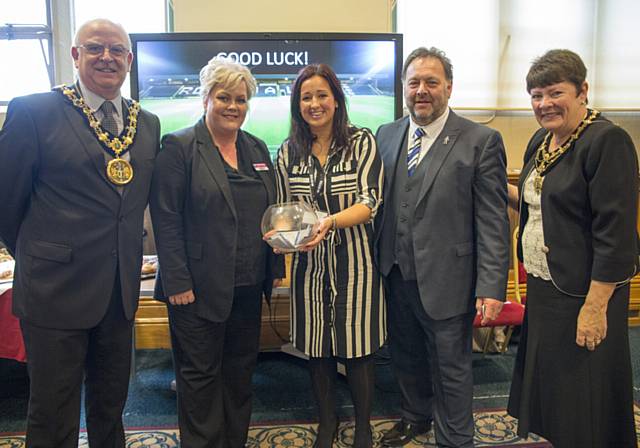 The Mayor of Rochdale; Debbie Hernon, The Wheatsheaf Shopping Centre Manager; Frances Fielding, Rochdale AFC’s Sales and Marketing Manager; Russ Green, Rochdale AFC’s Chief Executive; The Mayoress of Rochdale