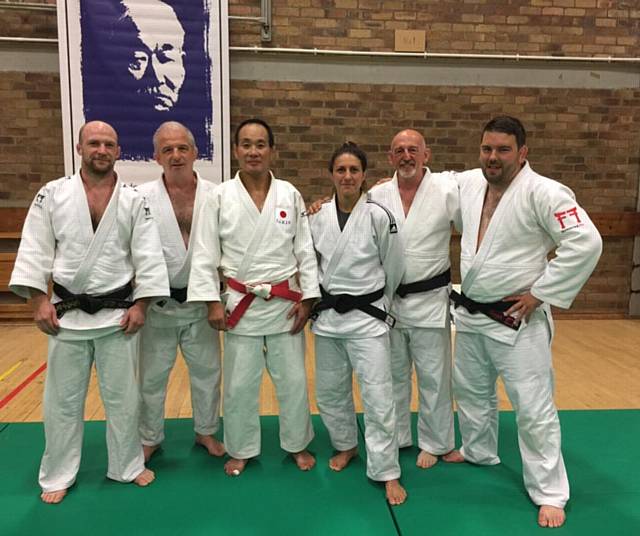 Danny Carr (left) at Edinburgh Master Class with Mike Liptrot (Kendal Judo Club), Katsuhiko Kashiwazaki, Sophie Cox, Nick Hill (Kendal), Danny Harper (NW coach)