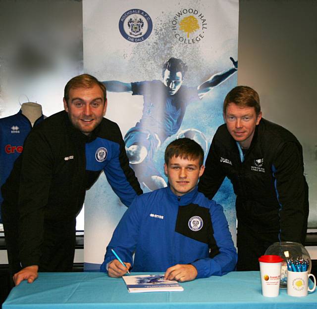 Dave Manning, EDS coordinator at Rochdale AFC, Bradley Cassidy and Mike Bruns, UPS programme manager at Hopwood Hall