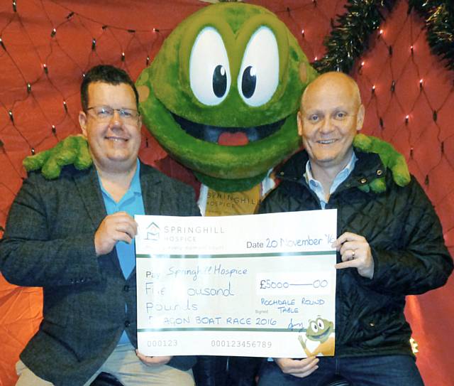 Robbie Robinson and John Geldard with Hospice mascot, Springy the Frog