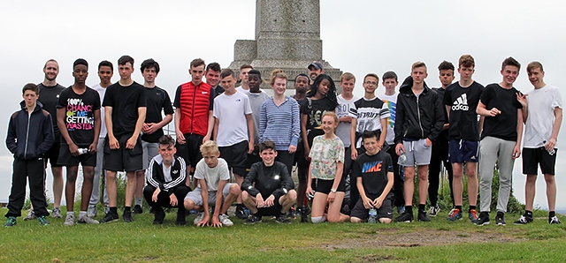 Middleton Technology School pupils at half way point, the War Memorial in Tandle Hill Park
