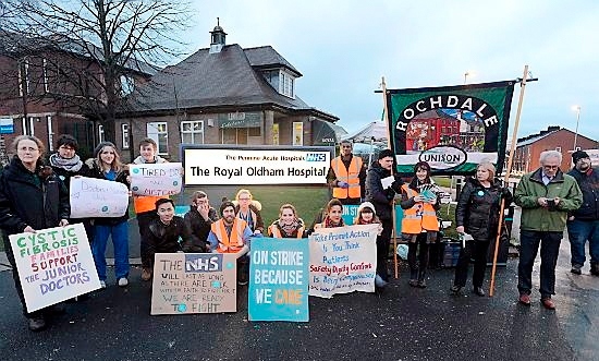 Picket line - junior doctors and supporters outside the Royal Oldham Hospital during a previous day of action