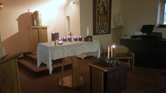 St Cuthbert's RC High School chapel looks beautiful in purple candle light and is open every day before school 