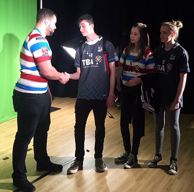 Media Production students from Hopwood Hall College at the Hornets kit launch with Michael Ratu