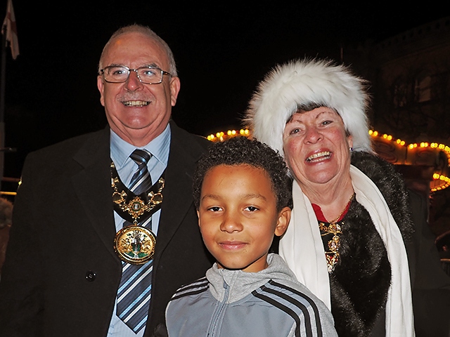 Cayden Blake at the Littleborough Christmas lights switch on with Mayor Ray Dutton and Mayoress Elaine Dutton