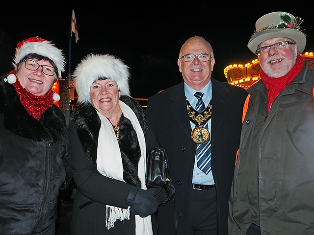 Councillor Janet Emsley, Mayoress Elaine Dutton, Mayor Ray Dutton and John Kay at Littleborough Christmas lights switch on