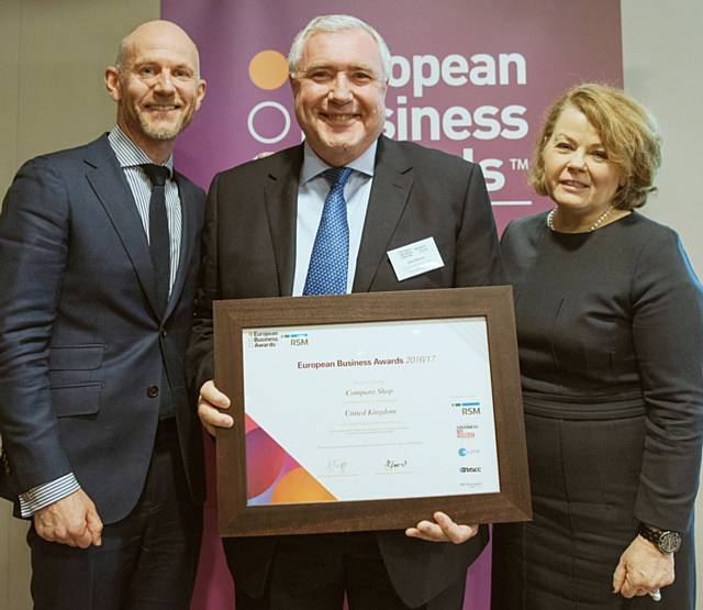 The Founder and Chairman of Company Shop, John Marren receiving the award alongside Adrian Tripp, CEO of the European Business Awards, and Jean Stephens CEO of RSM
