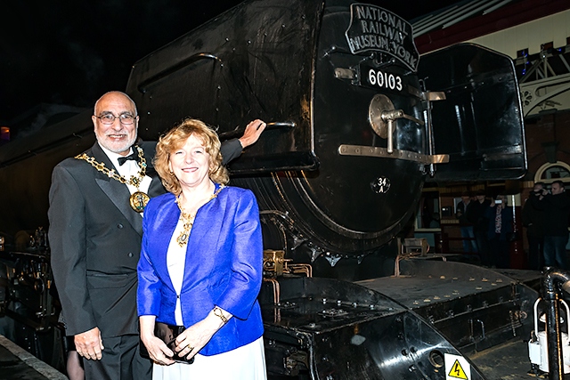 The Mayor and Mayoress of Rochdale, Surinder and Cecile Biant, with the Flying Scotsman
