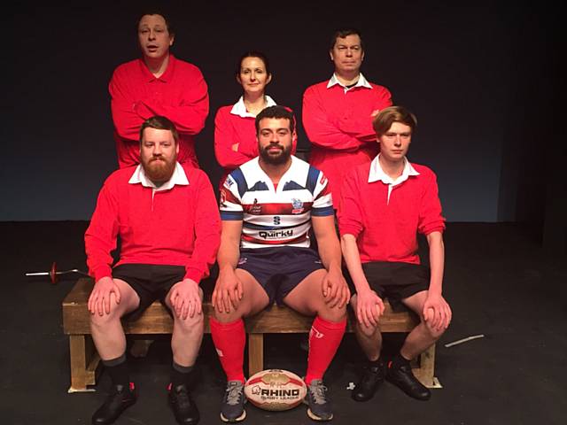Rochdale Hornets player Michael Ratu rehearsing with 'Up N’ Under' cast at the Curtain Theatre