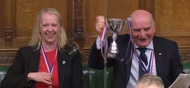 Liz McInnes, Labour Member of Parliament for Heywood and Middleton, and Stephen Pound MP, Labour Member of Parliament for Ealing North, celebrating their victory in the annual Charity Pancake Race