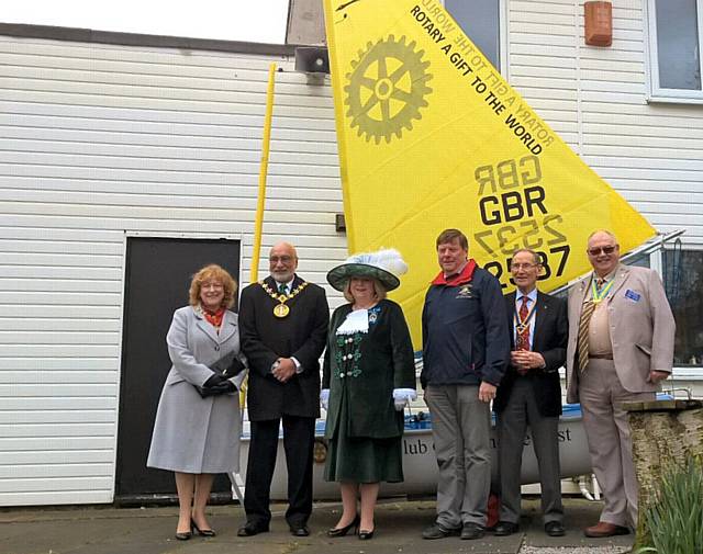 The Mayor and Mayoress Surinder and Cecile Biant,The High Sheriff of Greater Manchester, Sharman Birtles JP DL, Rotary, District Governor Nigel Danby, The Rotary Club of Rochdale East President Graham Knox and Assistant District Governor Phil Emmot with the Hansa 303 Dinghy
