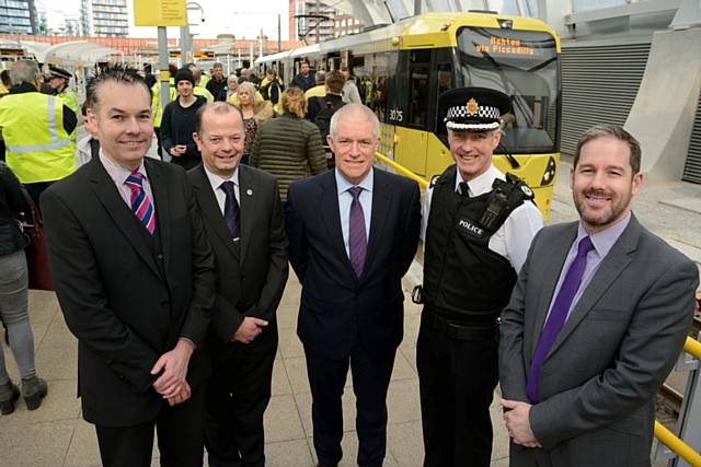 Stagecoach Operations Director, Matt Davies, First Manchester Director of Operations, Adrian Worsfold, TfGM Metrolink Director, Peter Cushing, Greater Manchester Police Assistant Chief Constable, John O’Hare and Metrolink RATP Dev Limited (MRDL) Managing Director, Chris Coleman at a TSU operation at Victoria Station