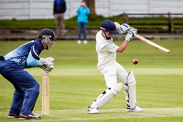 Official opening of the new Pennine Cricket League<br /> Keenlan Shipley, an U13 player is the batsman representing Rochdale district team, facing the opening delivery of 82-year-old Cec Wright