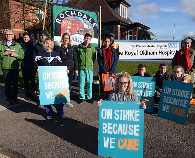 Kirsty MacLean leads the junior doctors on the picket line at the Royal Oldham Hospital