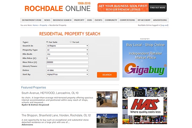Screenshot of the Rochdale Online residential property search page