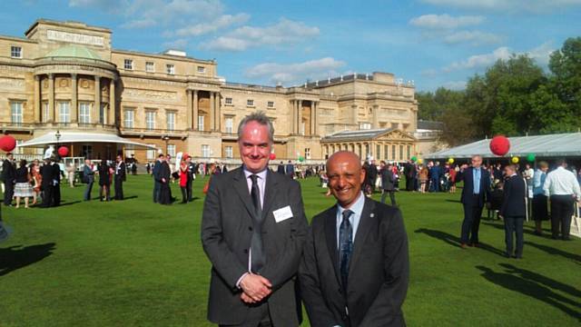 Gareth Swarbrick and Fida Hussain at the Duke of Edinburgh's Gold Award Presentation in the gardens at Buckingham Palace