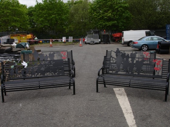 The four specially made memorial benches for Heywood War Memorial Gardens