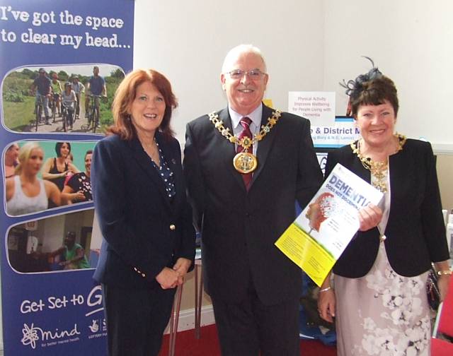 Tricia Hornby, CEO of Rochdale and District Mind, with the Mayor and Mayoress at the Dementia Market Day