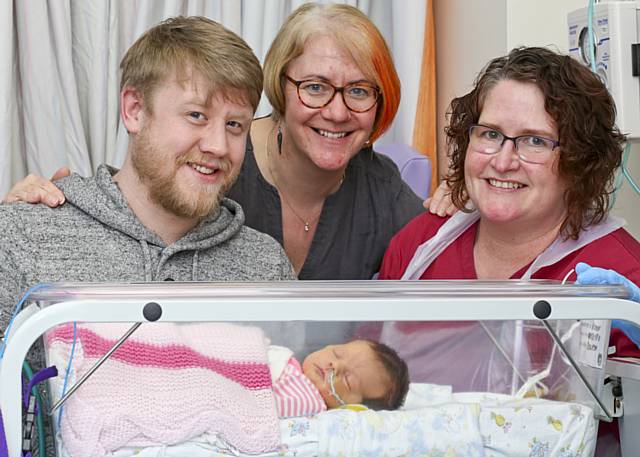 Adam Macfarlane, Minnie’s father; Dr Lydia Bowden, consultant neonatologist and Yvonne Memory, advanced practitioner radiology