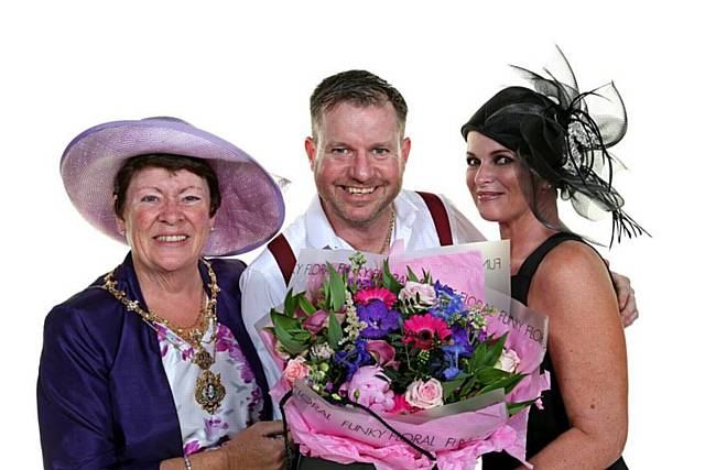 Ascot at Nutters<br /> Mayoress Elaine Dutton, Chef Andrew Nutter with winner of the Best Hat competition, Clare Humphreys