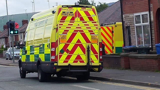 Ambulances at the junction of Halifax Road and Smithy Bridge Road