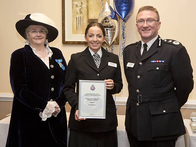 Amy Robinson with The High Sheriff of Greater Manchester Lady Joy Smith, Greater Manchester Police Chief Constable Ian Hopkins 